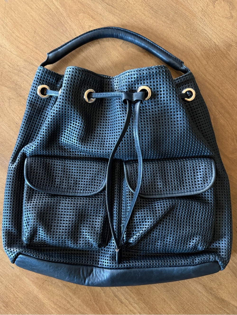 & Other Stories Black Perforated Leather Drawstring Hobo Backpack